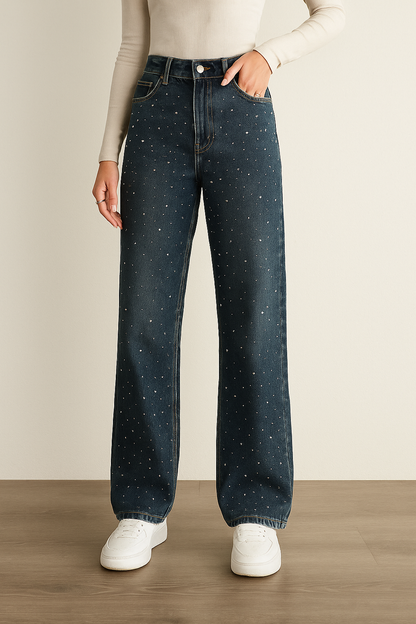 Korean Style Rhinestone High Waist Narrow Wide Leg Jeans
