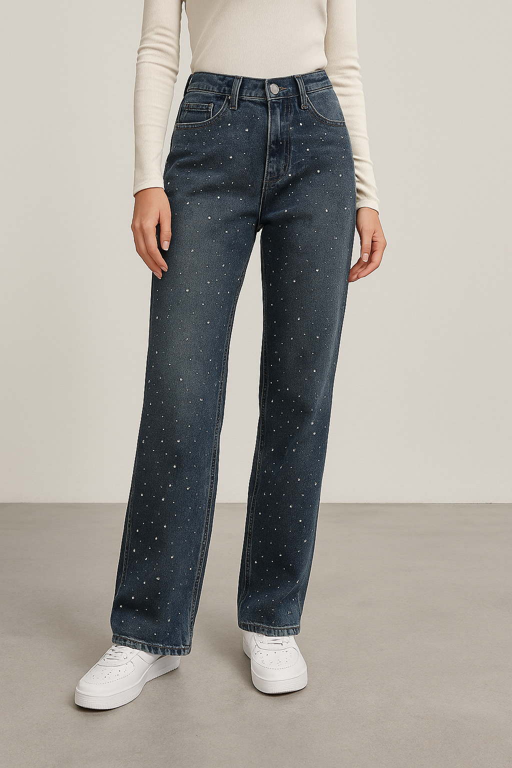 Korean Style Rhinestone High Waist Narrow Wide Leg Jeans