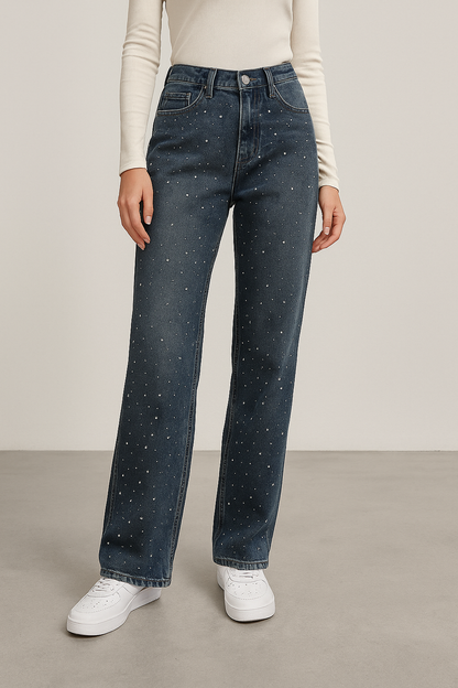 Korean Style Rhinestone High Waist Narrow Wide Leg Jeans