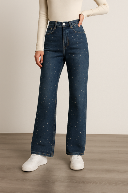 Korean Style Rhinestone High Waist Narrow Wide Leg Jeans