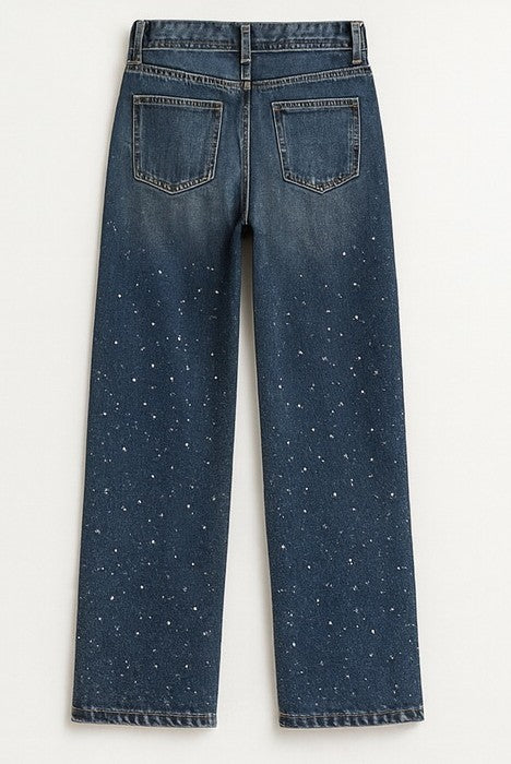 Korean Style Rhinestone High Waist Narrow Wide Leg Jeans