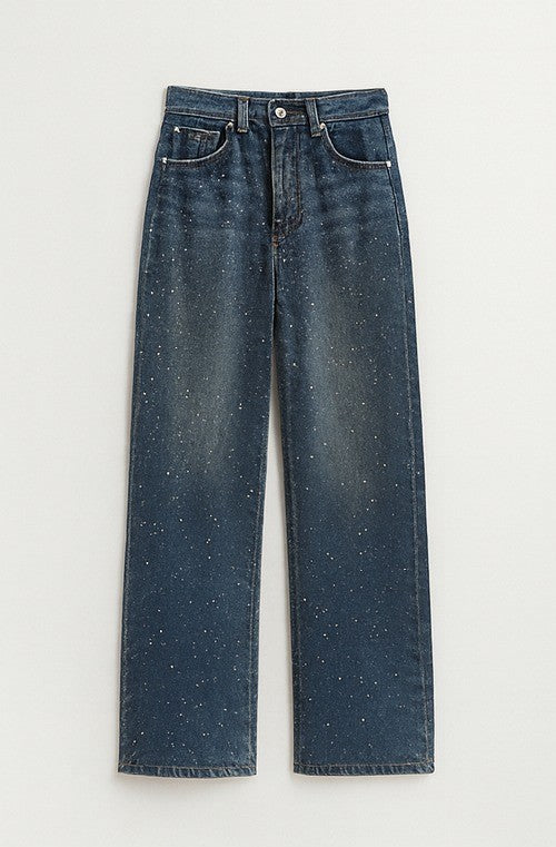 Korean Style Rhinestone High Waist Narrow Wide Leg Jeans