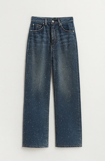 Korean Style Rhinestone High Waist Narrow Wide Leg Jeans